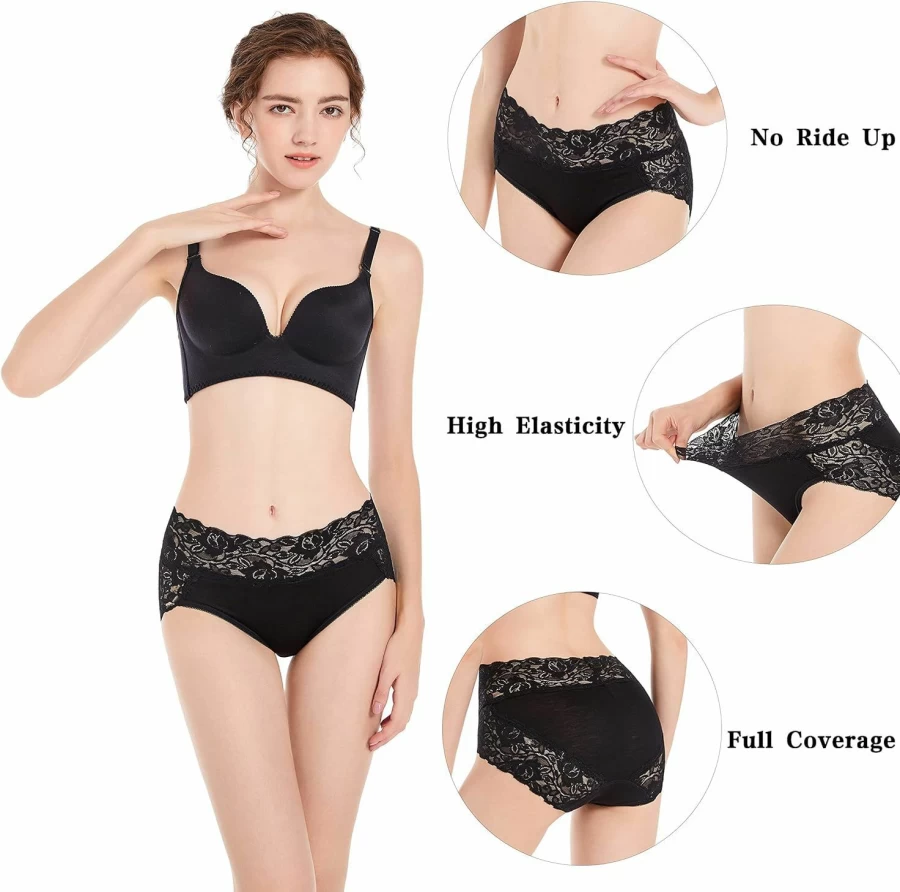 MACUFIEVI Women's Plus Size Lace High Waisted Panties 5-Pack - Sexy Soft Breathable Underwear Briefs for Ladies