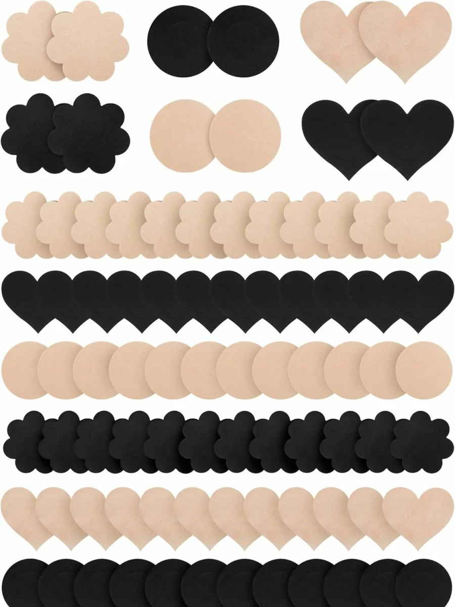 SATINIOR Disposable Adhesive Bra Covers for Women - 30 Pairs, Black & Beige, Heart Shape, Satin Finish - Reusable Breast Petals for Comfort & Coverage