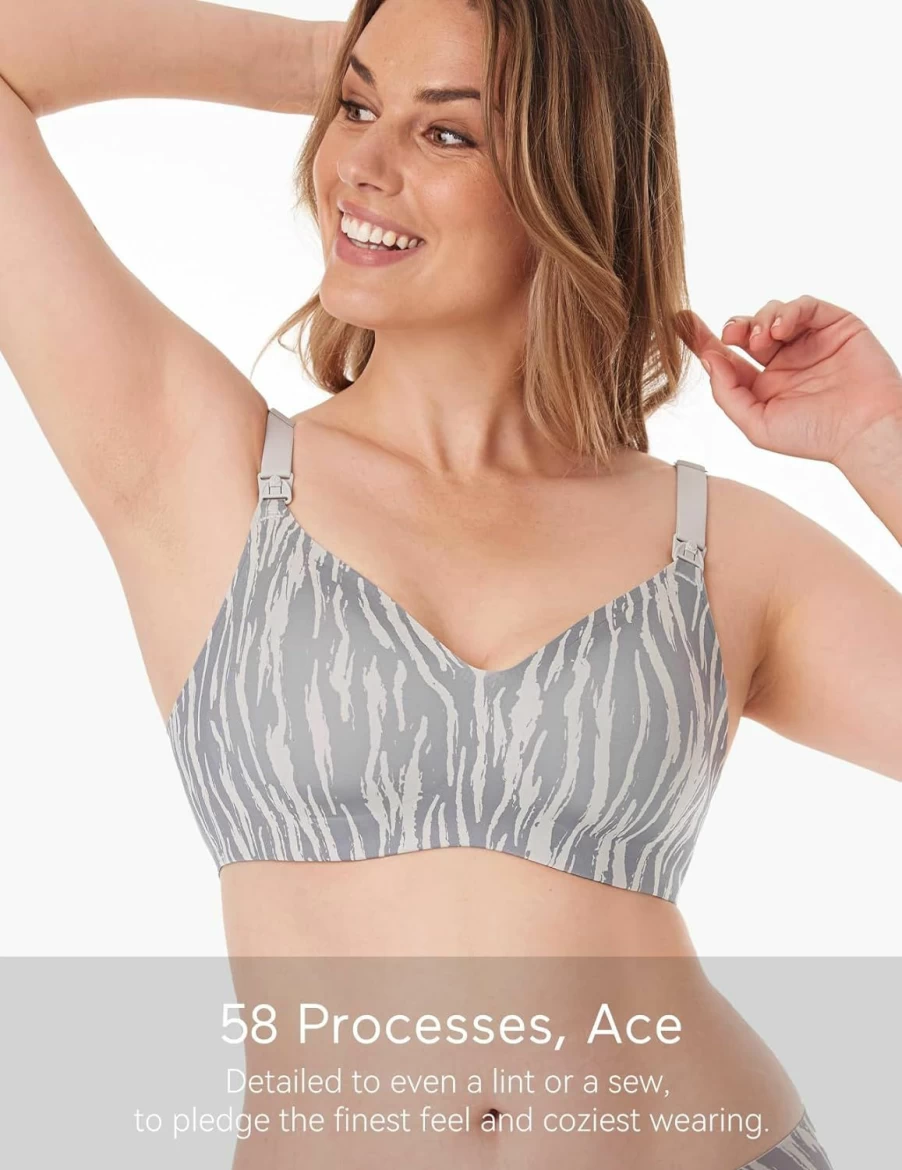 Momcozy Wireless Nursing Bra - Seamless Maternity Bralette for Breastfeeding, Lightweight & Comfortable, Gray Zebra Design