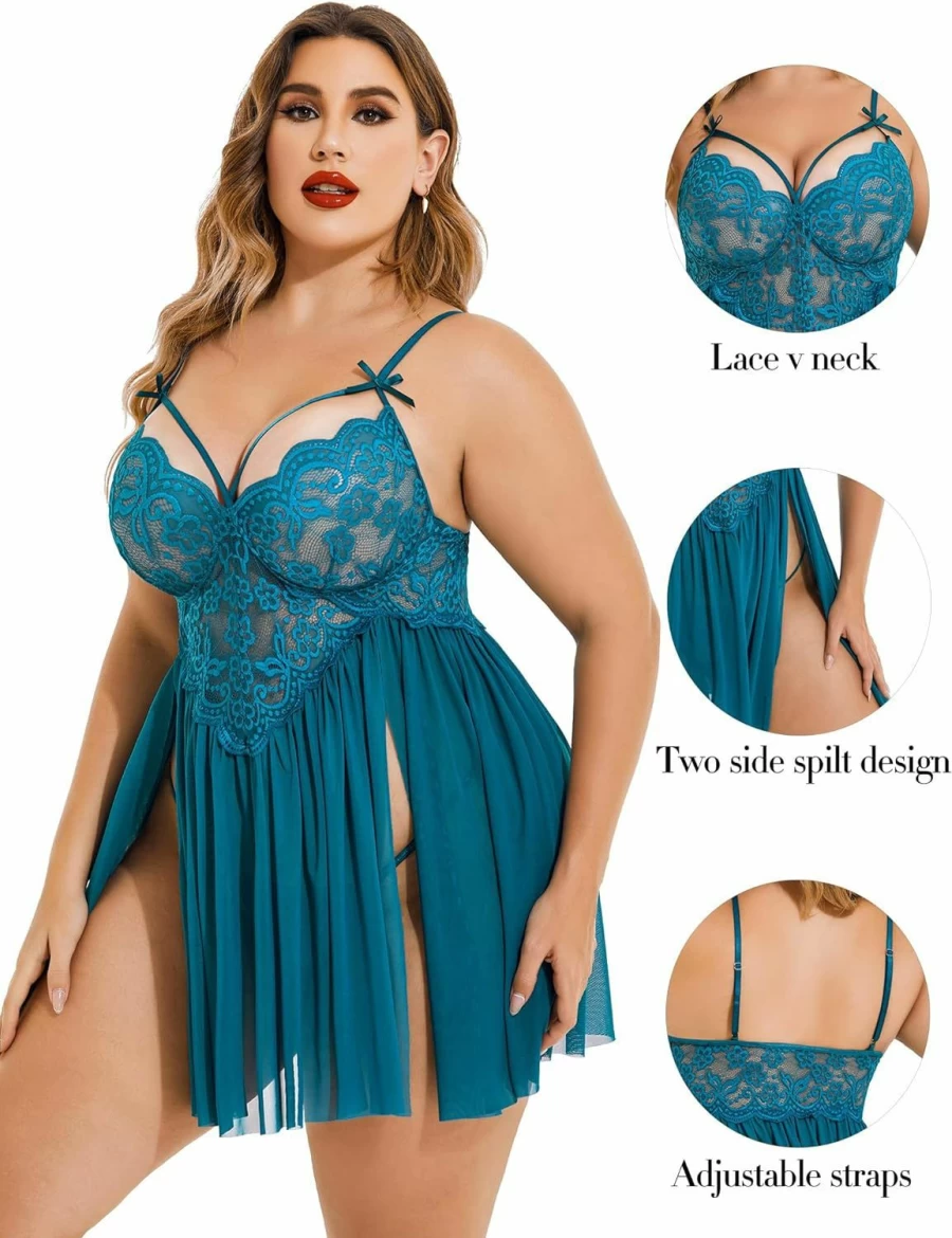 Avidlove Plus Size Lace Babydoll Nightgown - V Neck Mesh Sleepwear with Side Slit & Straps for Women
