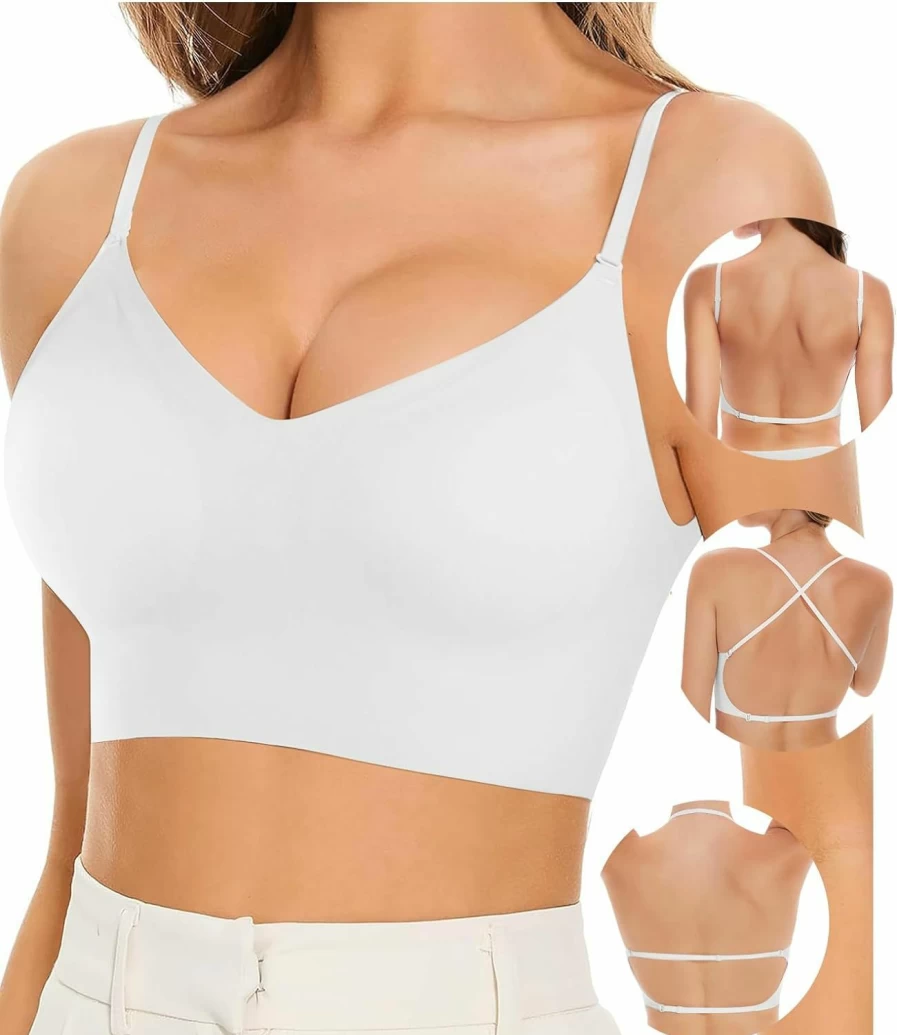 Fanseler Women's Wireless Low Back Bra - Seamless, Convertible, Adjustable Straps, Removable Padding, Backless & Multiway Halter Bra for Comfort