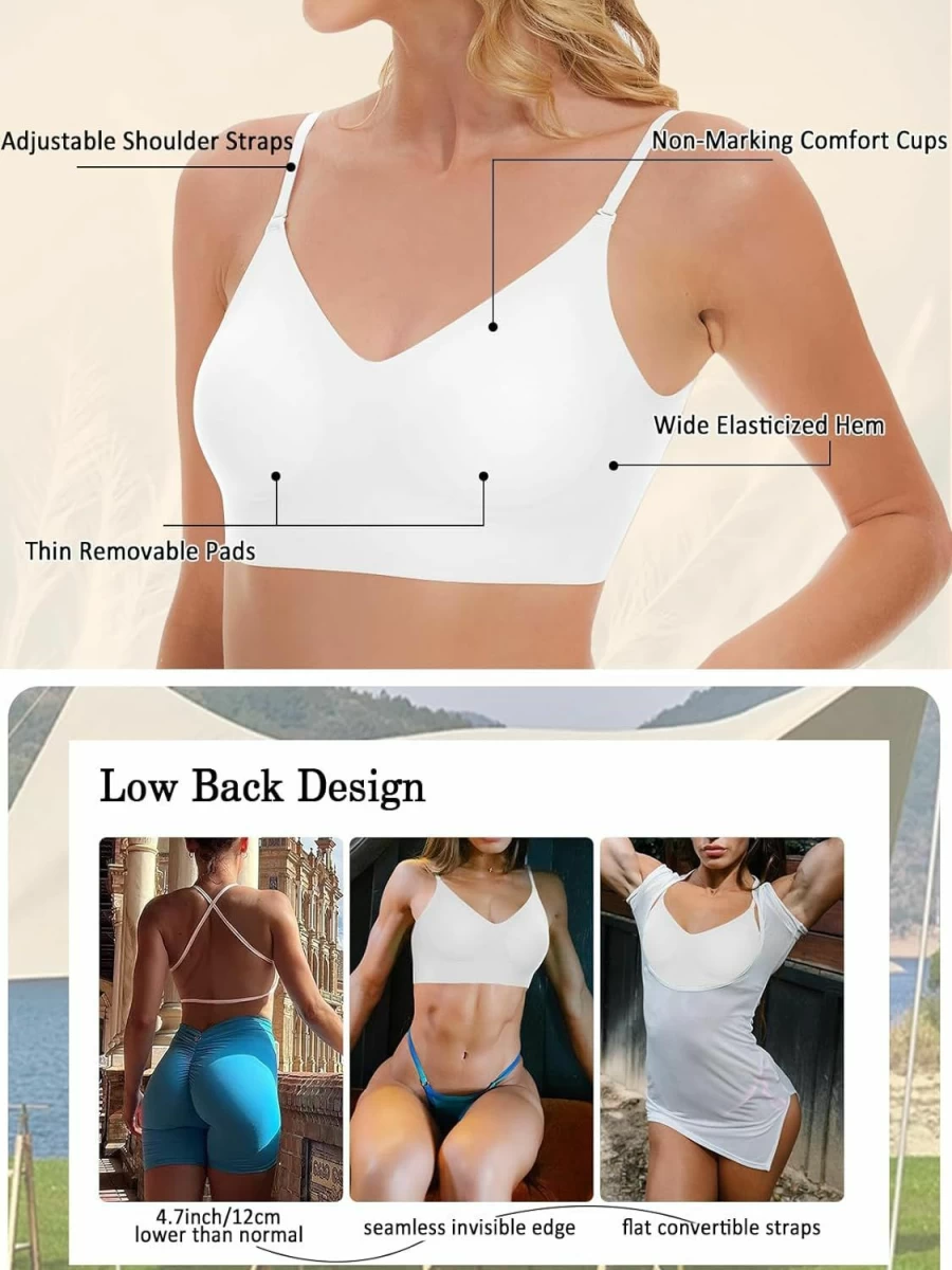 Fanseler Women's Wireless Low Back Bra - Seamless, Convertible, Adjustable Straps, Removable Padding, Backless & Multiway Halter Bra for Comfort