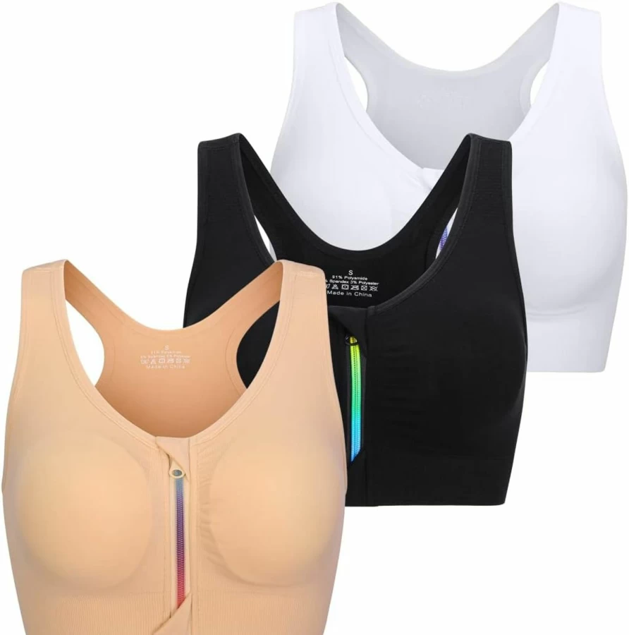 FLORATA Women's Zip Front Sports Bra Wireless Post-Surgery Yoga Bra with Removable Pads for Workout Fitness