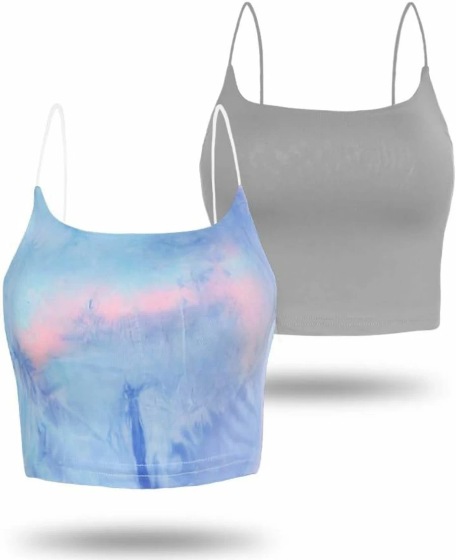Amiliashp Women's Double Layer Crop Tank Top - Solid Basic Cami Spaghetti Strap Shirt for Women