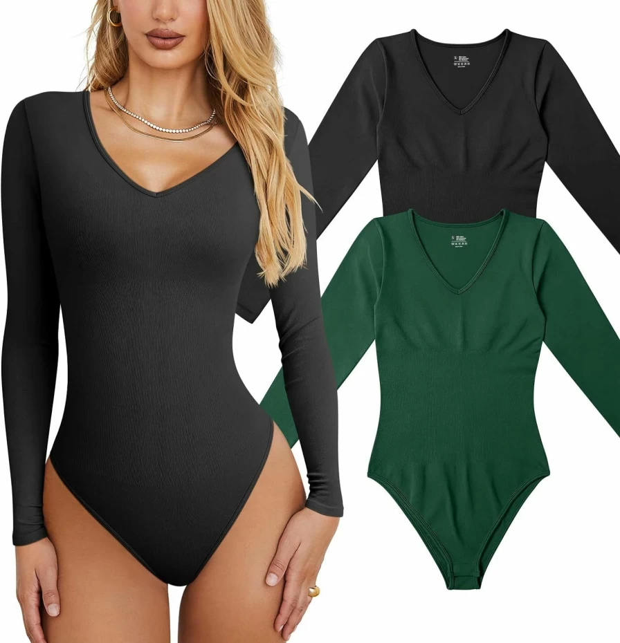 OQQ Women's Sexy Ribbed V-Neck Long Sleeve Bodysuit 2-Piece Set