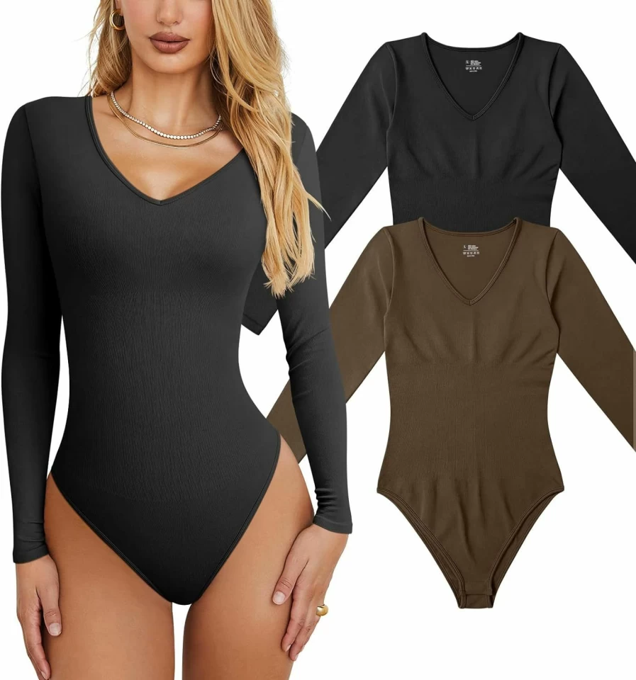 OQQ Women's Sexy Ribbed V-Neck Long Sleeve Bodysuit 2-Piece Set