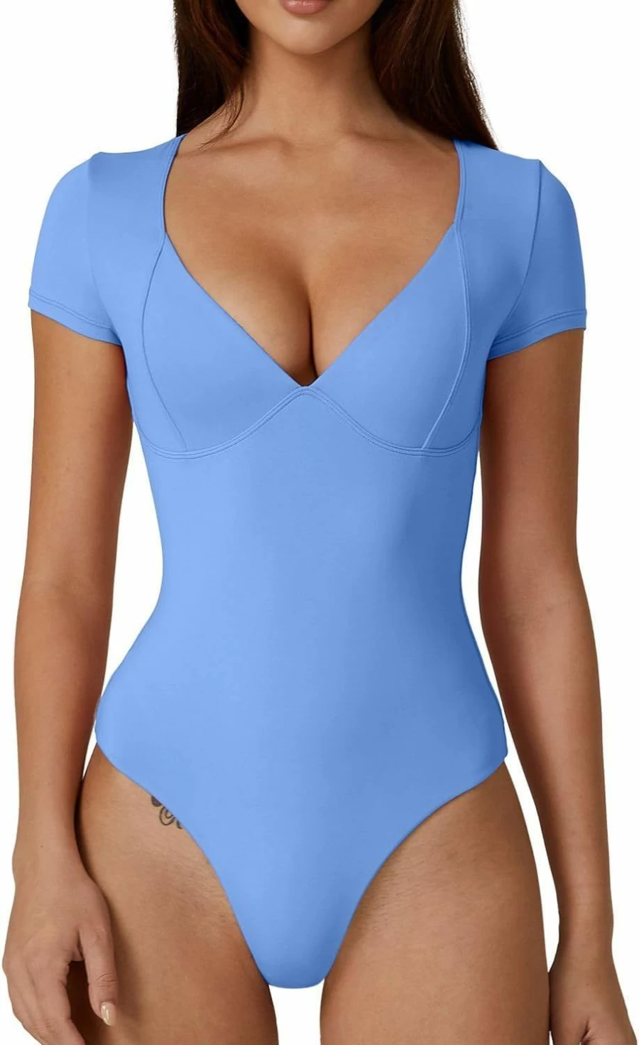 QINSEN Women's V-Neck Bodysuit Short Sleeve Tops - Seamed Cup Going Out Shirt for Women