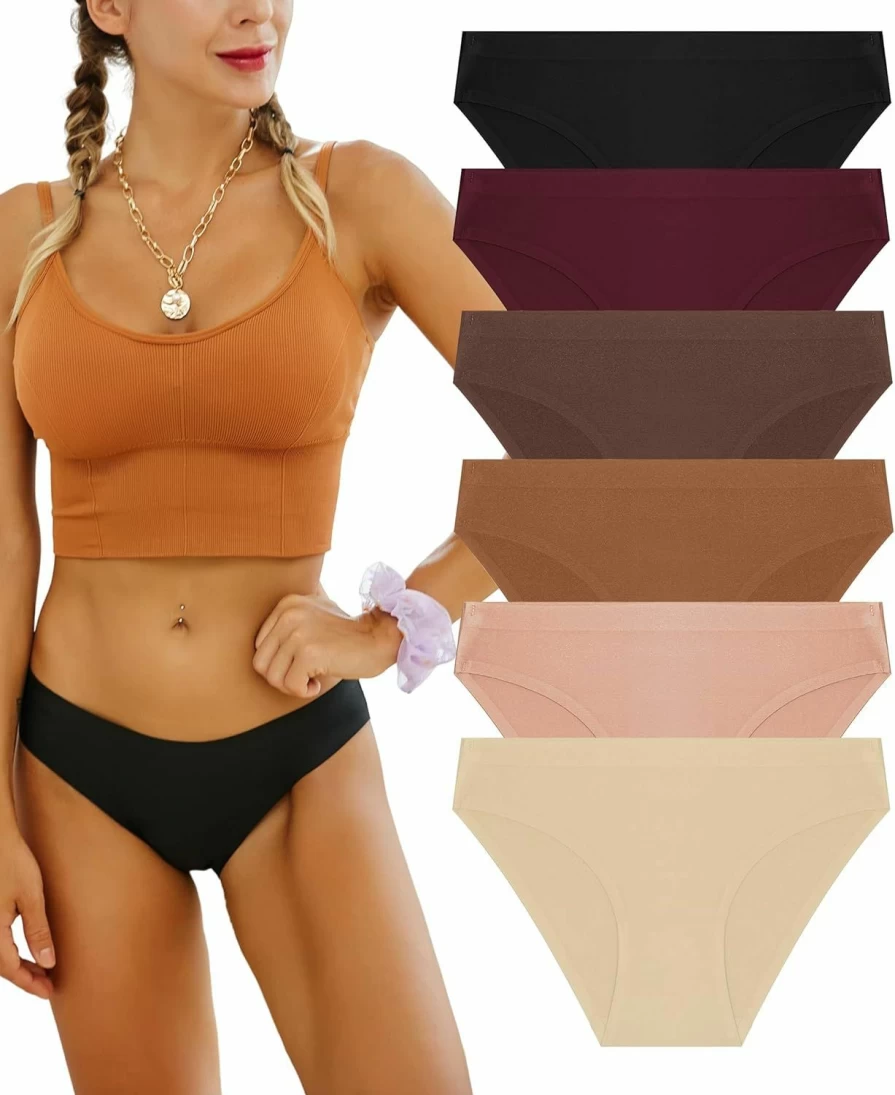 FINETOO 6 Pack Women's Seamless Hipster Underwear - No Show, Invisible Panties, Soft Stretch Bikini Briefs - Comfortable & Breathable (XS-XL)