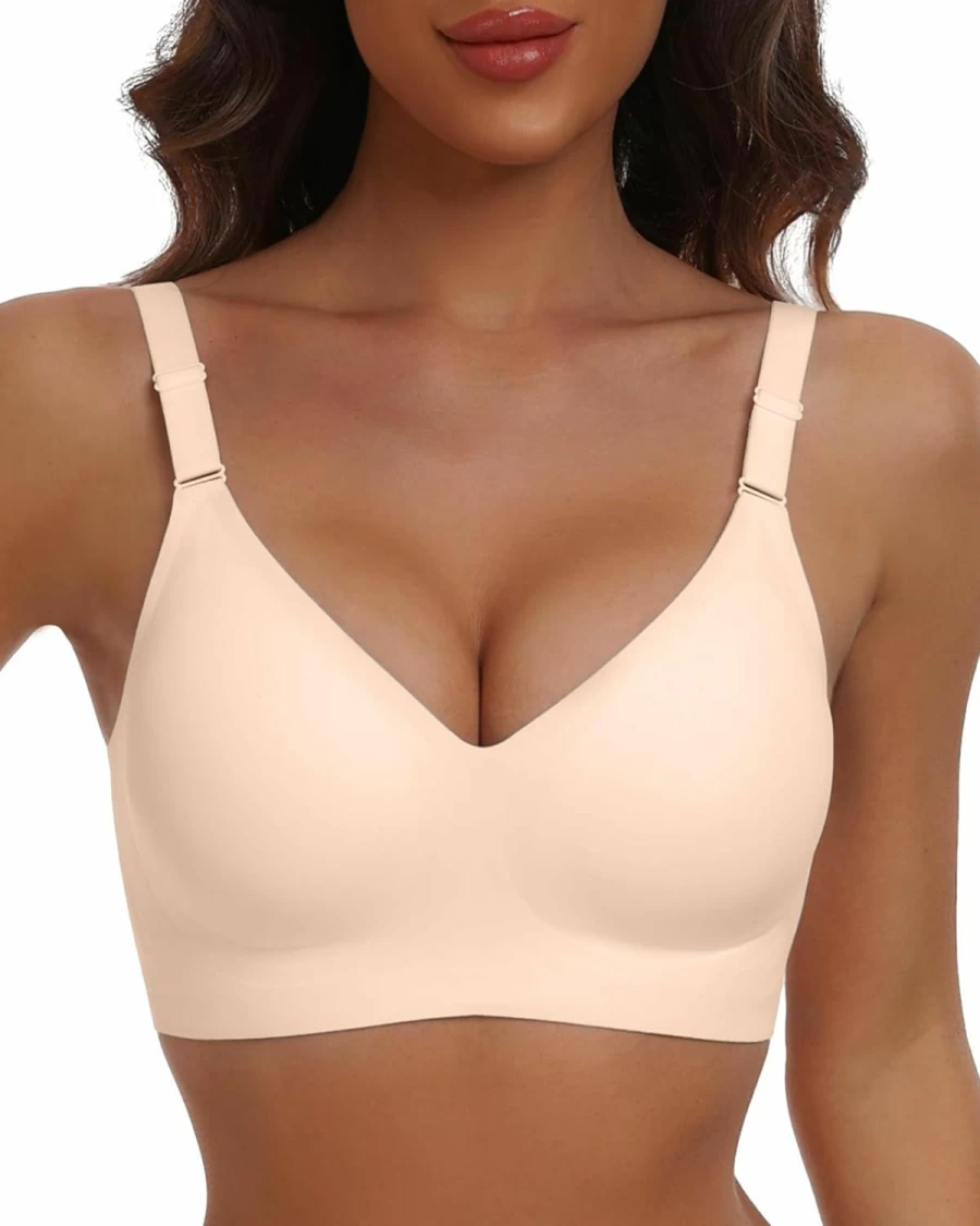 HORISUN Women's Seamless Wireless Push-Up Bra - Full Coverage V-Neck Comfort Bra in Nude, Size XL