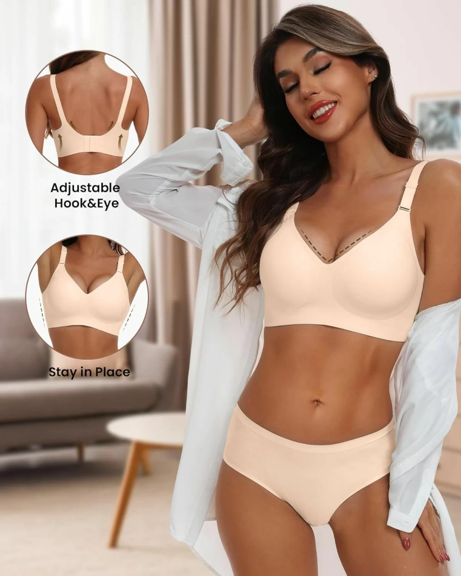 HORISUN Women's Seamless Wireless Push-Up Bra - Full Coverage V-Neck Comfort Bra in Nude, Size XL
