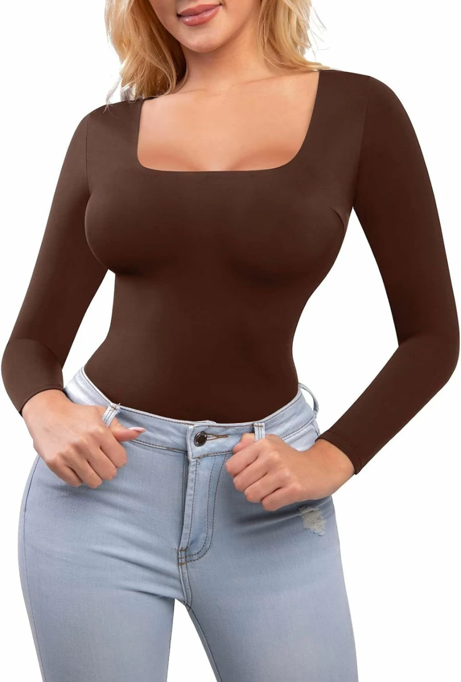 Popilush Women's Shapewear Bodysuit - Square Neck, Short Sleeve, Built-In Bra Thong Bodysuit Corset Top