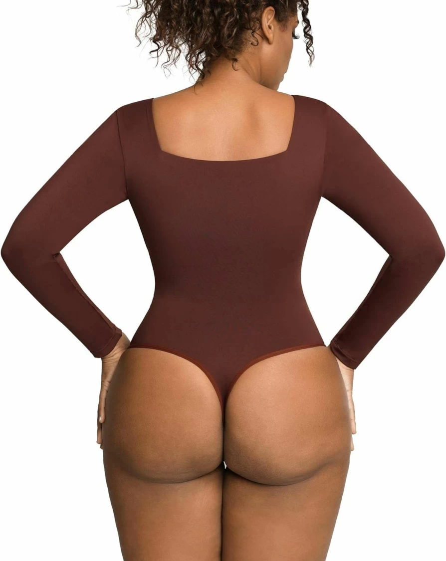Popilush Women's Shapewear Bodysuit - Square Neck, Short Sleeve, Built-In Bra Thong Bodysuit Corset Top