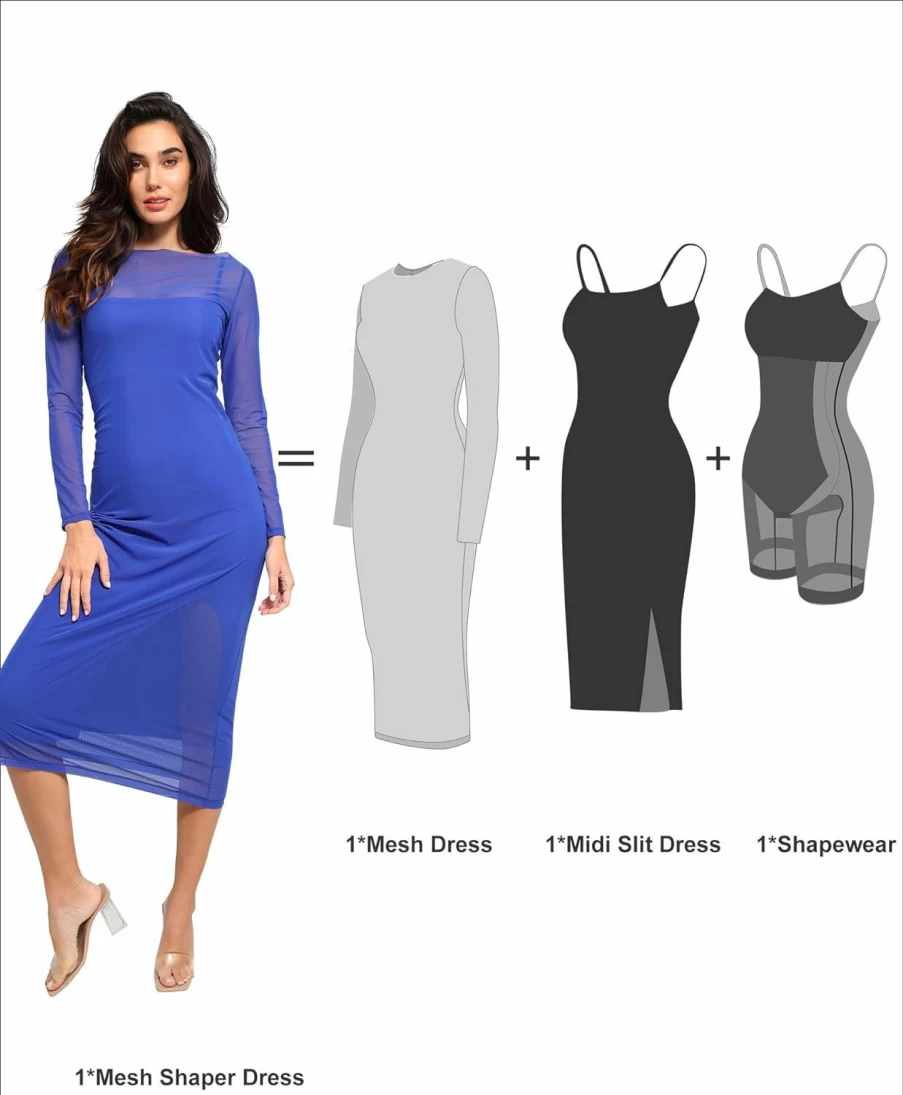 Popilush Shapewear Slip Dress Set - Sheer Mesh Midi Dress with High Slit, Wear Together or Separately