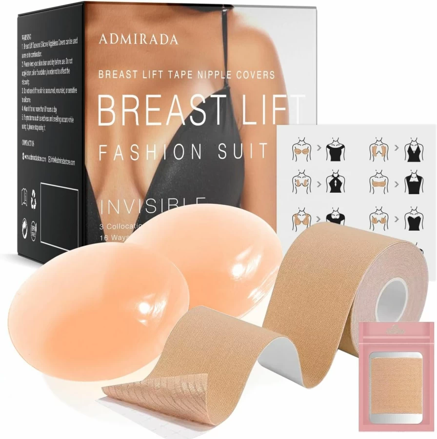 Laeto Leto Boob Tape for Breast Lift - Reusable Adhesive Silicone Nipple Covers Included (2 Pcs, Beige) - Lift & Support Booby Tape for Women