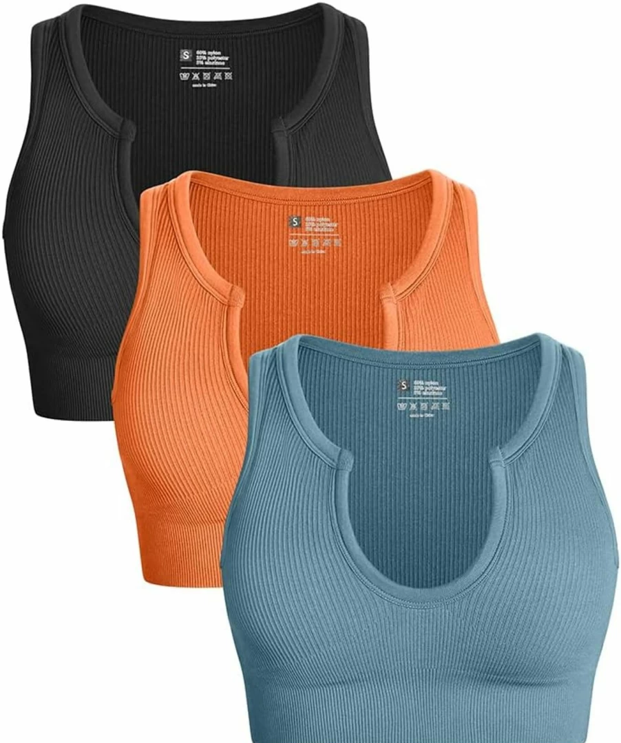 OQQ Women's Medium Support Seamless Yoga Sports Bra with Removable Cups - 3-Piece Ribbed Crop Top for Workout & Fitness