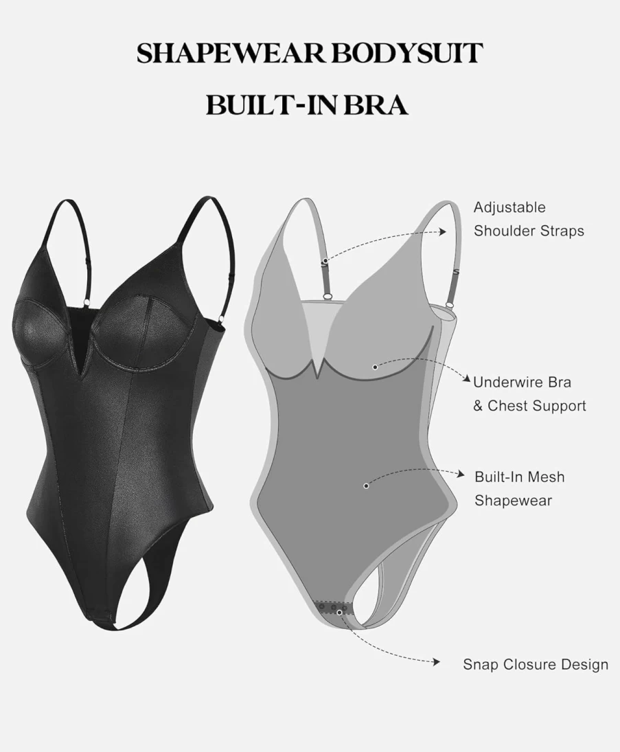 Popilush Faux Leather Shapewear Bodysuit for Women - Tummy Control Deep V Neck Thong Sleeveless Tank Top Black