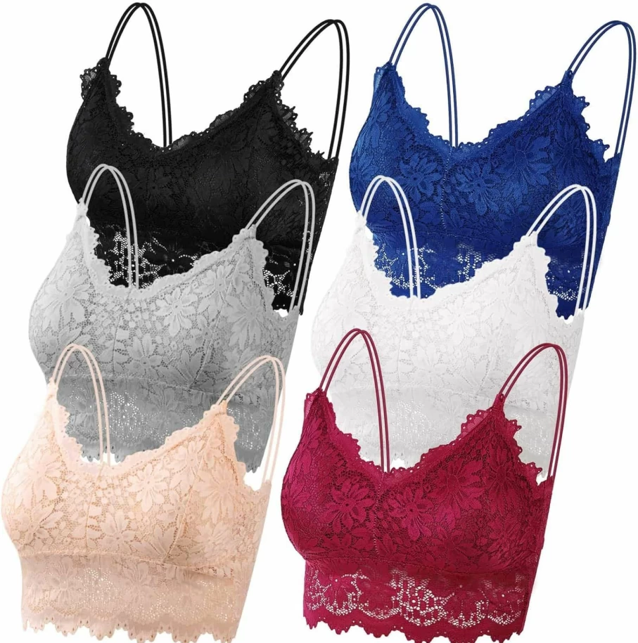 PAXCOO Women's Lace Bralette Set - 6 Pcs Padded Bandeau Bra with Adjustable Straps for Comfort and Style