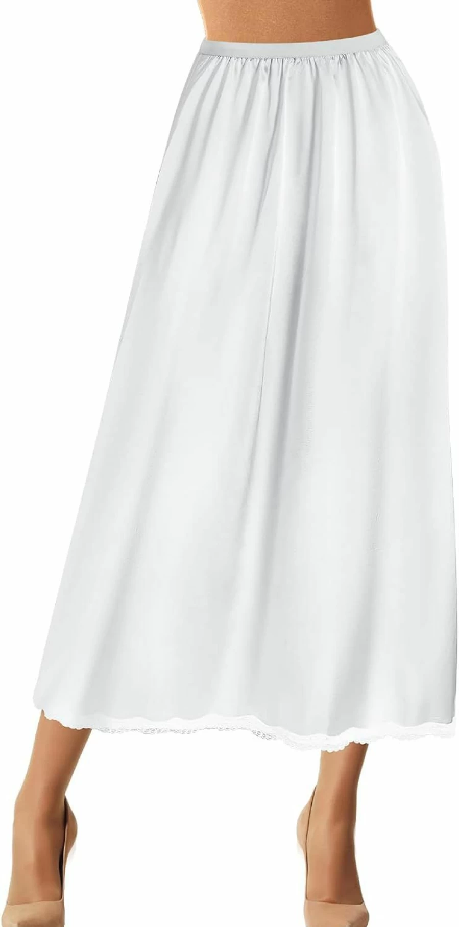 Jadive Women's Lace Trim Satin Half Slip Underskirt - Long Elegant Slip for Dresses Lingerie