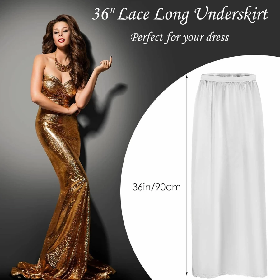 Jadive Women's Lace Trim Satin Half Slip Underskirt - Long Elegant Slip for Dresses Lingerie