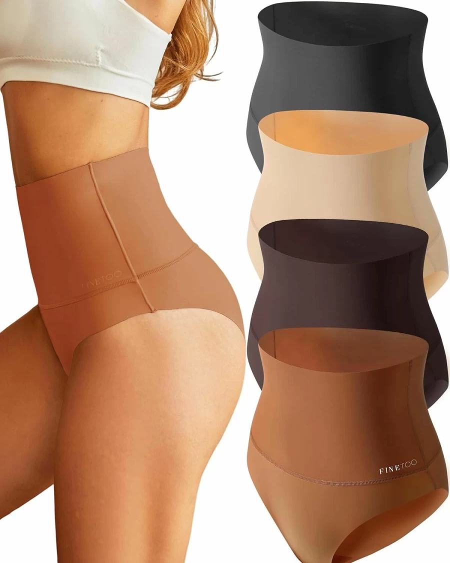 FINETOO Women's High Waisted Seamless Underwear 4-Pack - Tummy Control No Show Nylon Panties S-XXXL