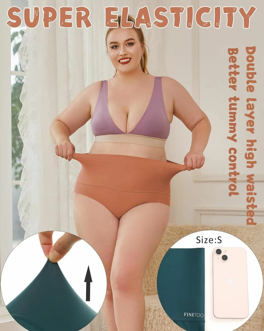 FINETOO Women's High Waisted Seamless Underwear 4-Pack - Tummy Control No Show Nylon Panties S-XXXL