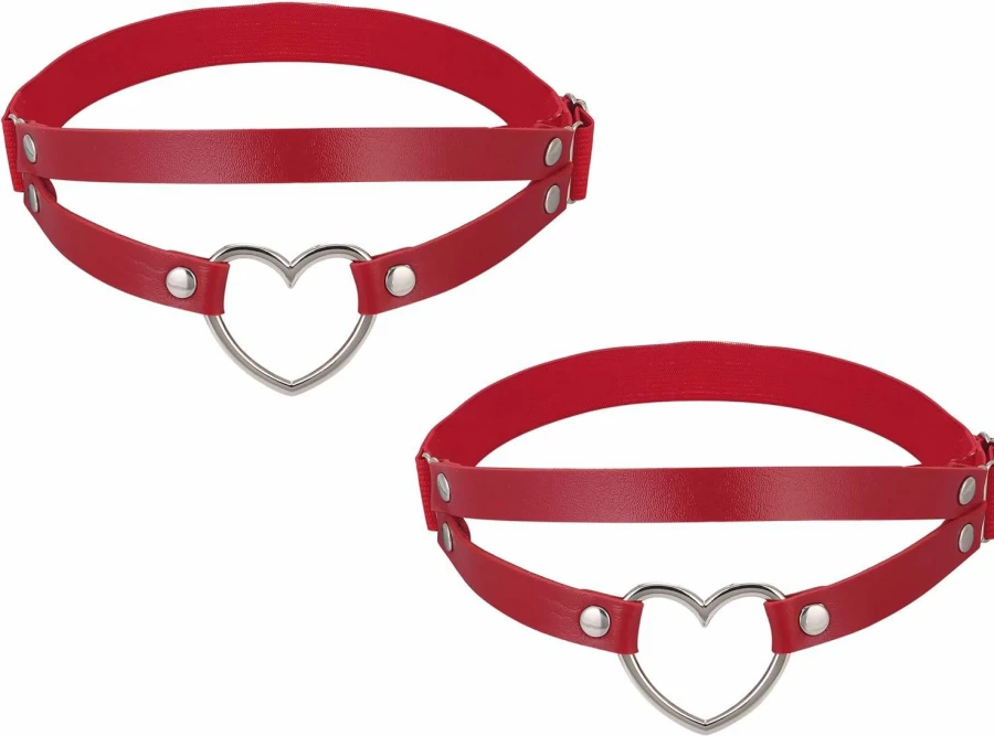 FM FM42 Women's Gothic Heart O-Ring Elastic Garter Belt - PU Leather Double Strap Thigh High Leg Garter, One Pair
