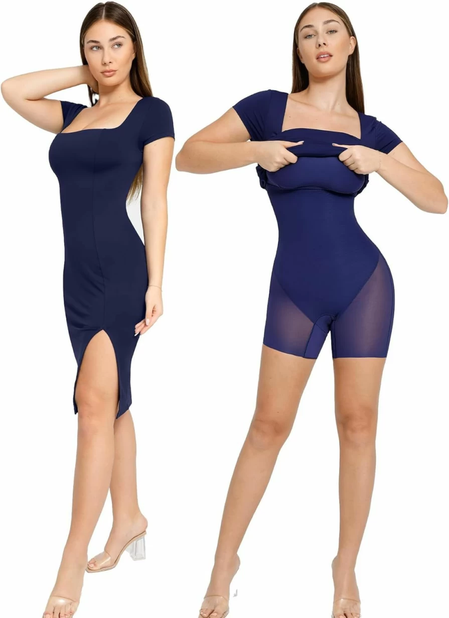 Popilush Women's 2024 Square Neck Short Sleeve Bodycon Pencil Dress with Slit - Shaperwear Midi Work Dress for Formal Occasions