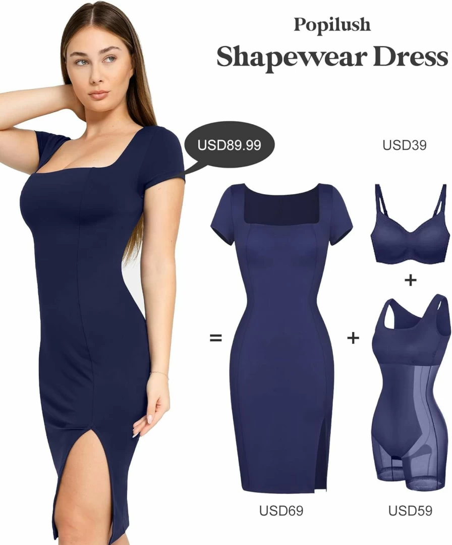 Popilush Women's 2024 Square Neck Short Sleeve Bodycon Pencil Dress with Slit - Shaperwear Midi Work Dress for Formal Occasions
