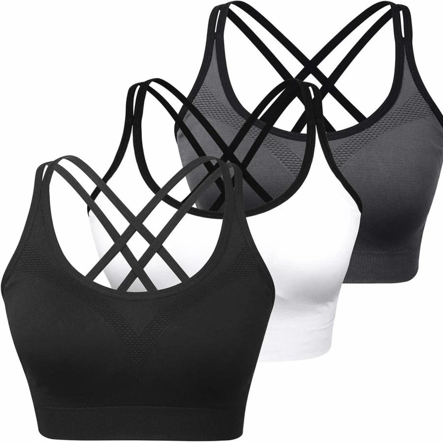 WOYYHO Women's 3 Pack Medium Support Cross Back Sports Bra - Padded Yoga Workout Top for Gym, Fitness & Athletic Activities