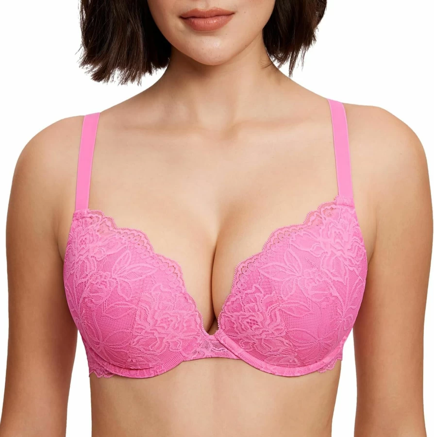 DOBREVA Women's Sexy Lace Push Up Bra with Underwire, Plunge Full Coverage Bras for Plus Size Support