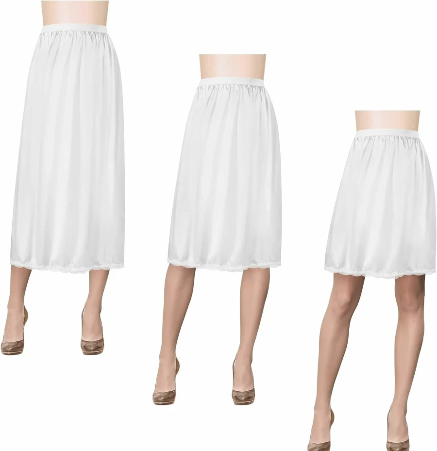 Amazon Women's 3-Piece Half Slip Set - Satin Lace Trim Under Dress Skirts in 19", 27", 35" Lengths (Black/White/Nude)