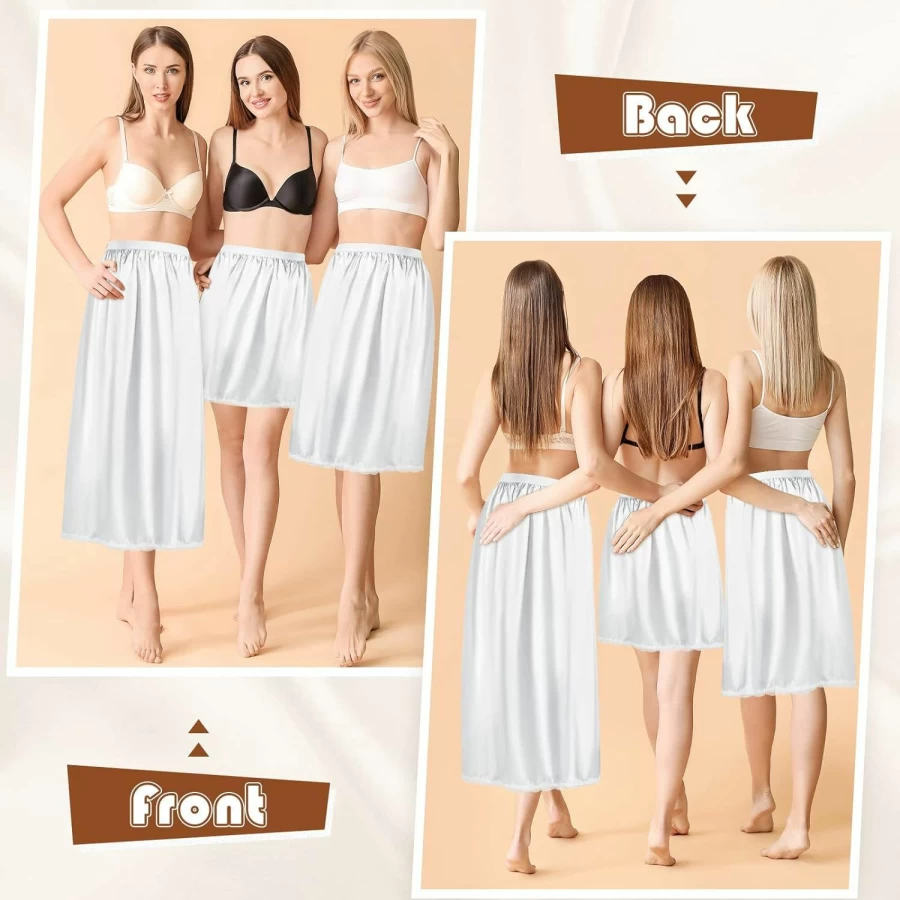 Amazon Women's 3-Piece Half Slip Set - Satin Lace Trim Under Dress Skirts in 19", 27", 35" Lengths (Black/White/Nude)