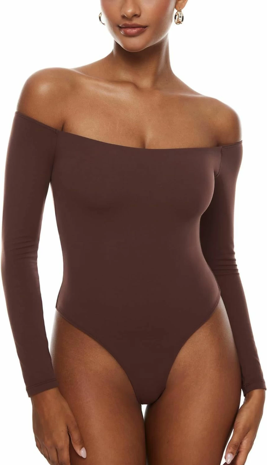 INLYRIC Women's Off Shoulder Long Sleeve Bodysuit - Sexy Thong Leotard Tops for Slim Fit Bodycon Outfits