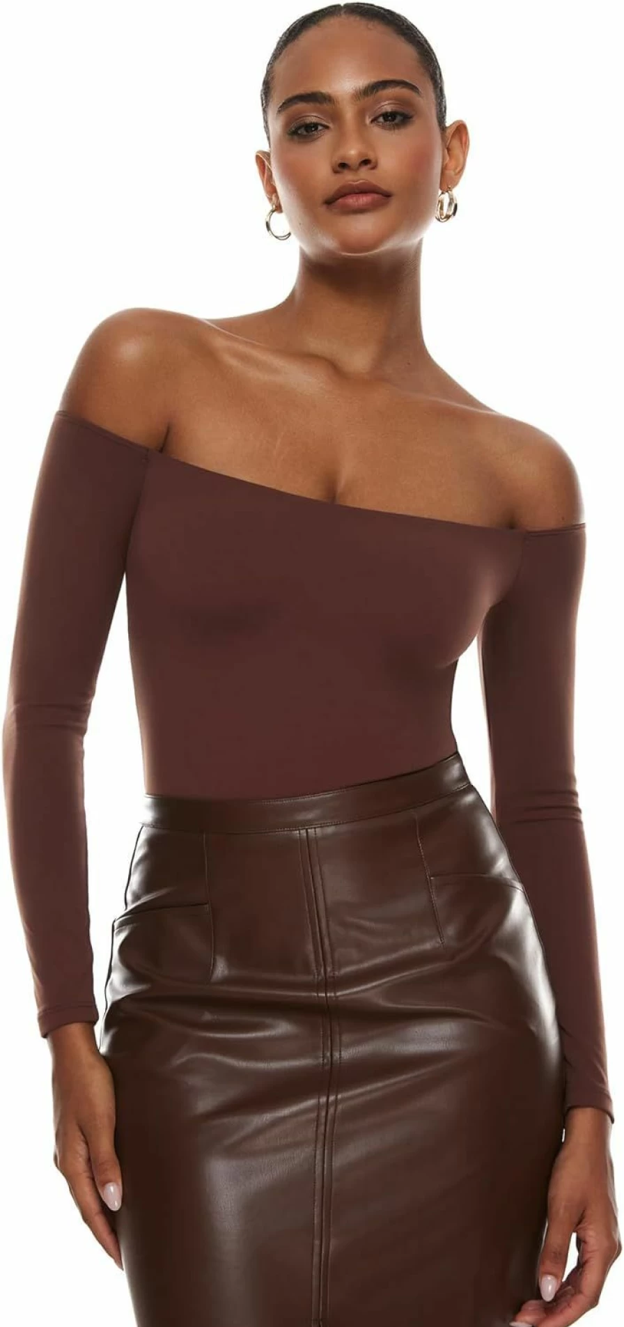 INLYRIC Women's Off Shoulder Long Sleeve Bodysuit - Sexy Thong Leotard Tops for Slim Fit Bodycon Outfits