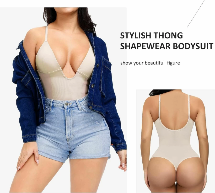 FeelinGirl Women's Tummy Control Thong Bodysuit - U Plunge Shapewear Corset for Waist Training & Body Shaping
