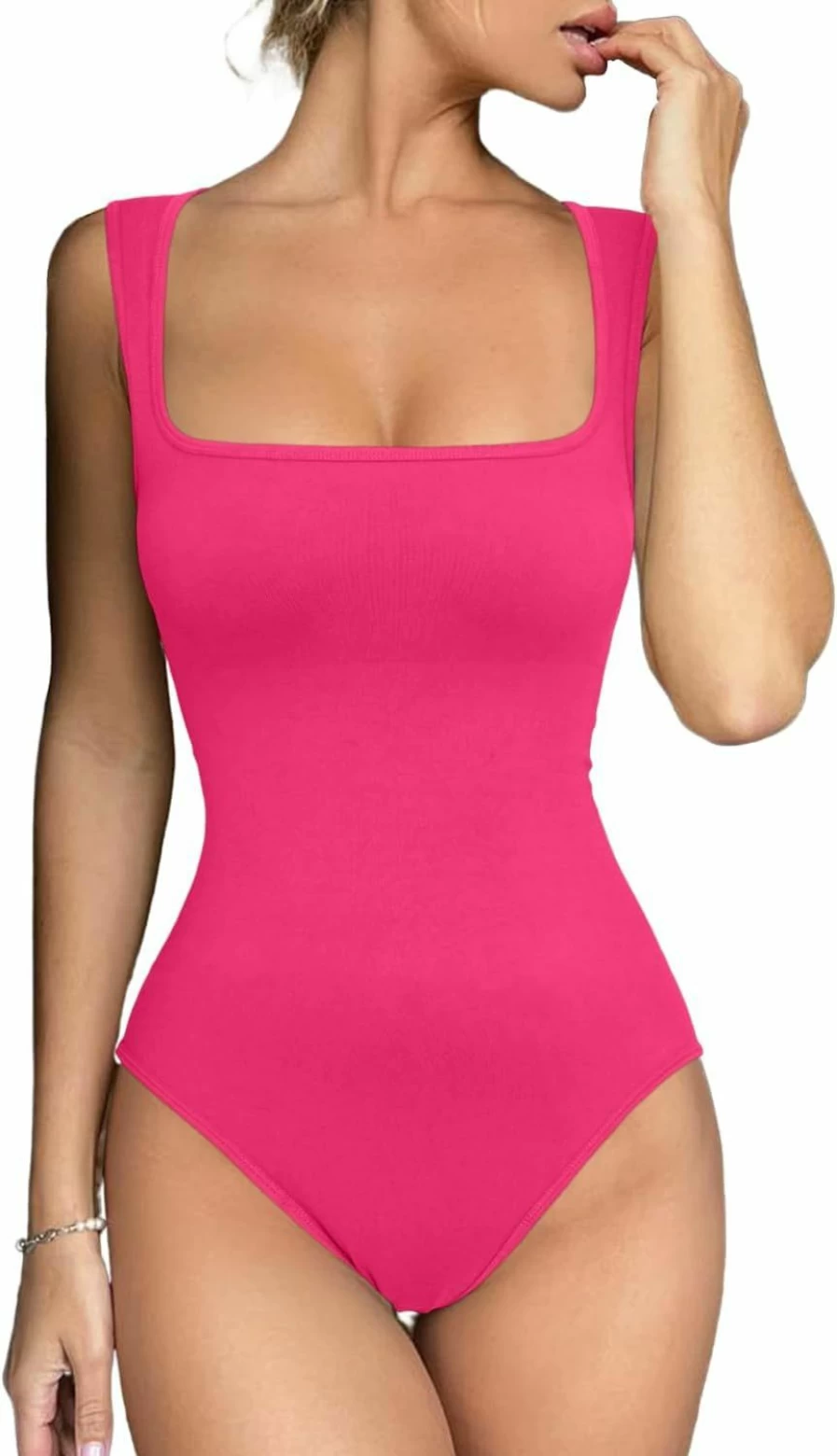Meyeeka Women's Seamless Summer Tank Top - Square Neck Sleeveless Bodysuit with Tapered Shoulder Straps