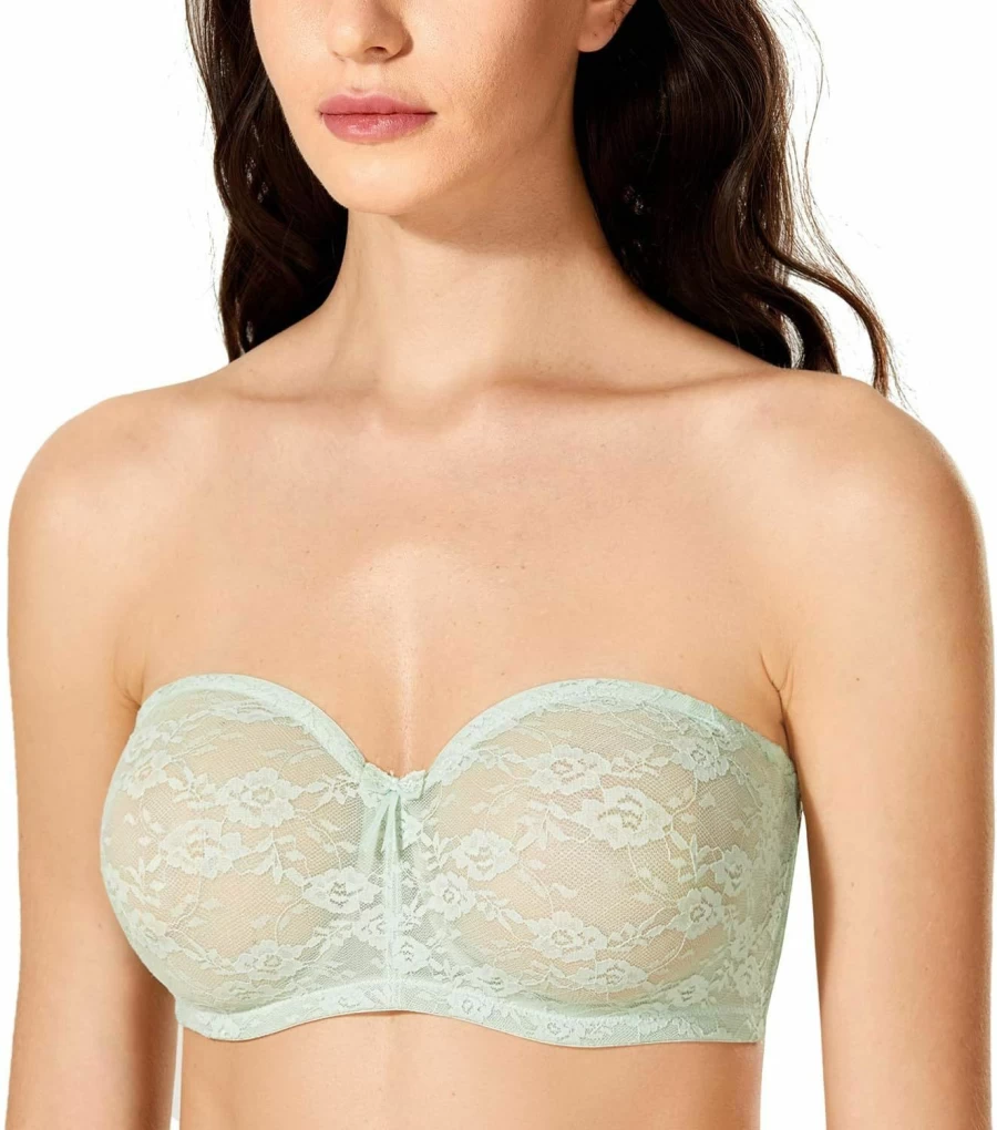 DOBREVA Women's Strapless Lace Bra No Padding Underwire Multiway Convertible See-Through Bralette