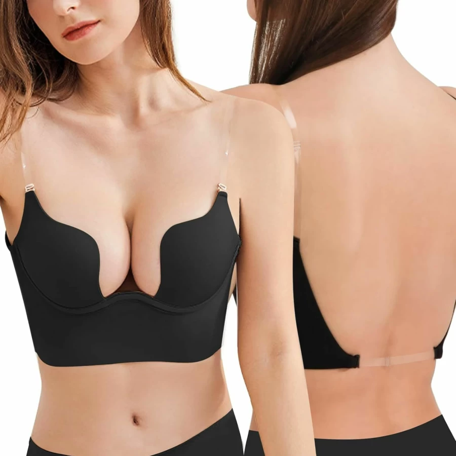 Sexy Code 1701 Women's Push Up Bra with Clear Straps, Low Cut Plunge Backless Bra, Convertible Underwire Lingerie for Deep Neckline
