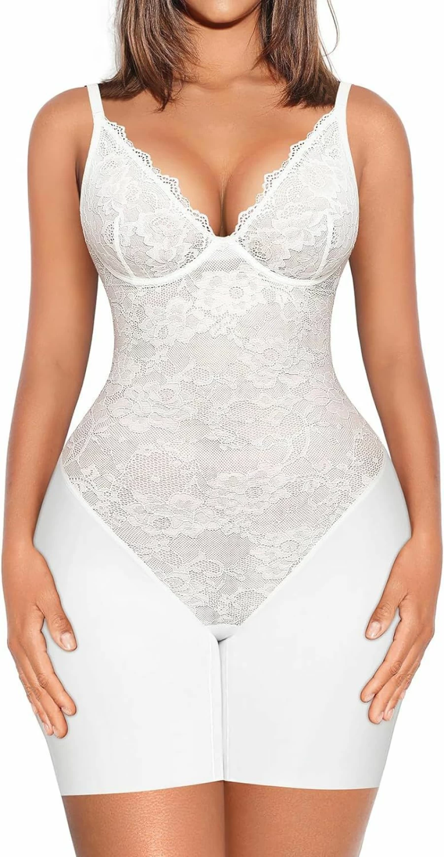 FeelinGirl Women's Tummy Control Lace Bodysuit - V Neck Corset Shapewear Mid Thigh Body Shaper Top