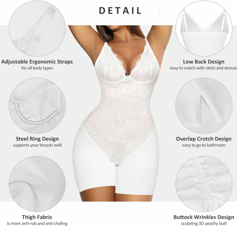 FeelinGirl Women's Tummy Control Lace Bodysuit - V Neck Corset Shapewear Mid Thigh Body Shaper Top