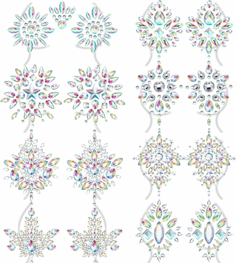 Berlune Rhinestone Pasties for Women - 8 Sheet Glitter Adhesive Breast Covers, Crystal Body Gems for Rave & Festival, Temporary Chest Stickers, Shimmering Makeup Decor