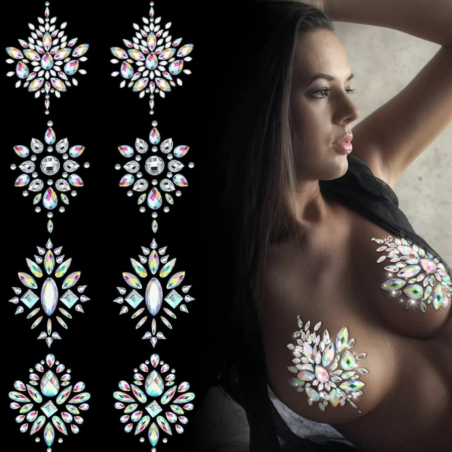 Berlune Rhinestone Pasties for Women - 8 Sheet Glitter Adhesive Breast Covers, Crystal Body Gems for Rave & Festival, Temporary Chest Stickers, Shimmering Makeup Decor