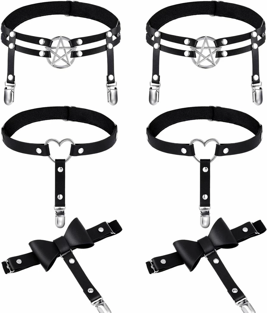 Syhood 6-Piece Punk Gothic Thigh High Garter Belt Set with Heart Star & Butterfly Knot Design, Adjustable Anti-Slip Elastic Leg Garters for Women & Girls