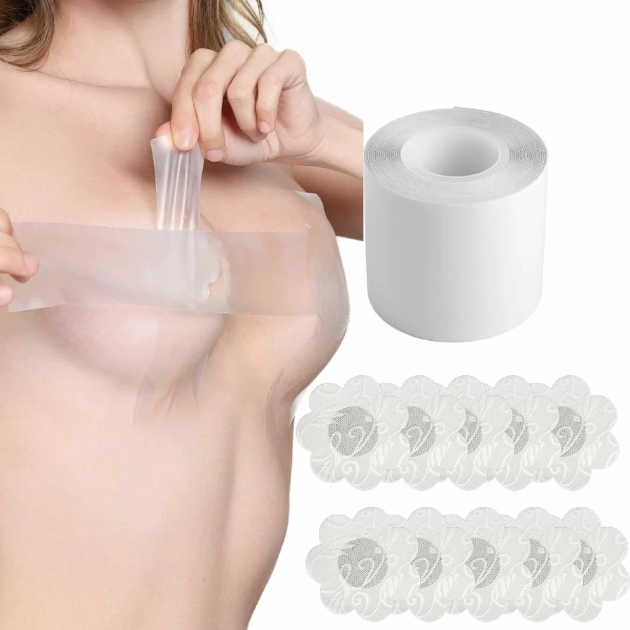 EMOET Transparent Breast Lift Tape with 10 Lace Petal Nipple Covers - Invisible Backless Boob Tape for Push Up, Big Bust, and Dresses