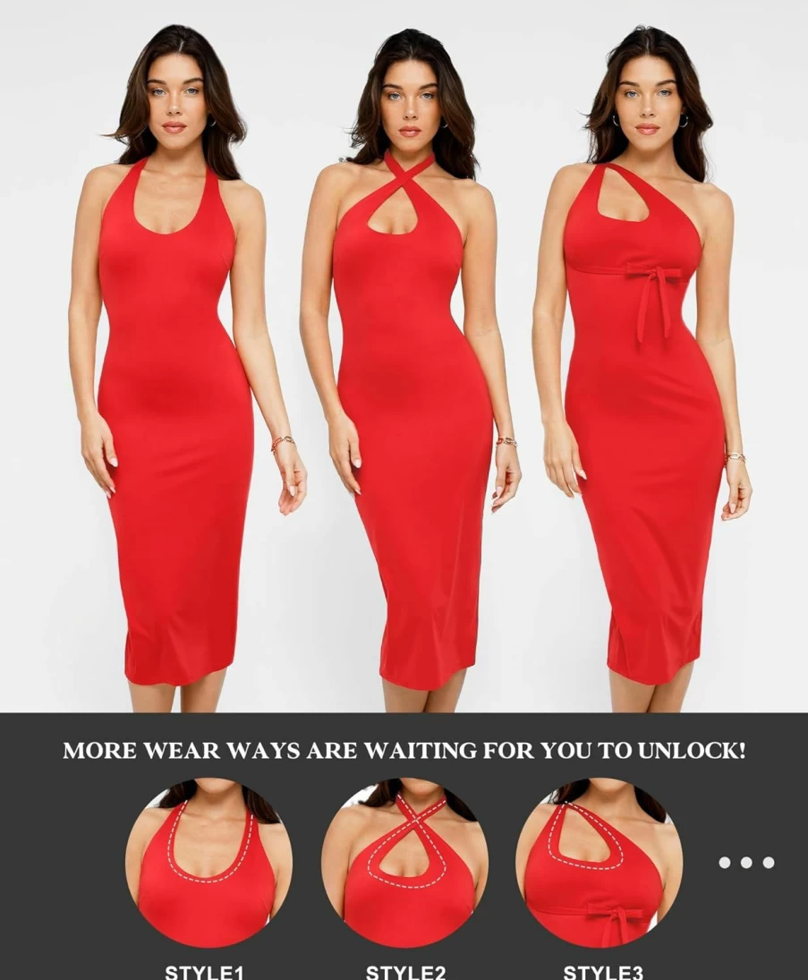 Popilush Shapewear Dress 4-Way Styling | 3/4 Length Summer Dress with Built-In Shapewear | 2024 Trending Women's Fashion