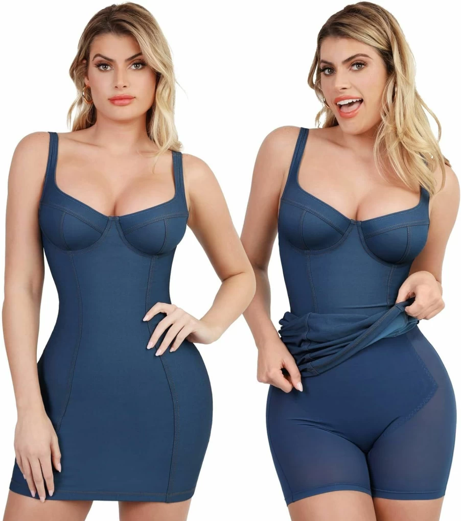 Popilush Sleeveless Bodycon Jean Dress with Built-In Shapewear for Cocktail Party & Concert