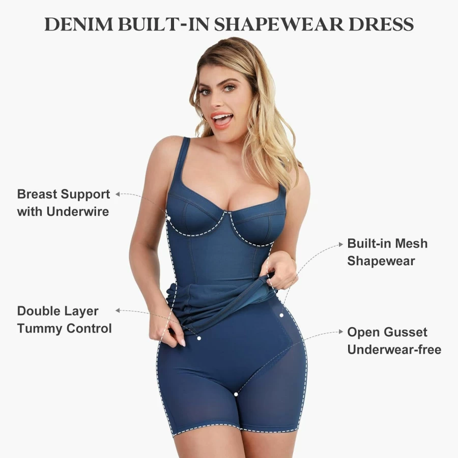 Popilush Sleeveless Bodycon Jean Dress with Built-In Shapewear for Cocktail Party & Concert