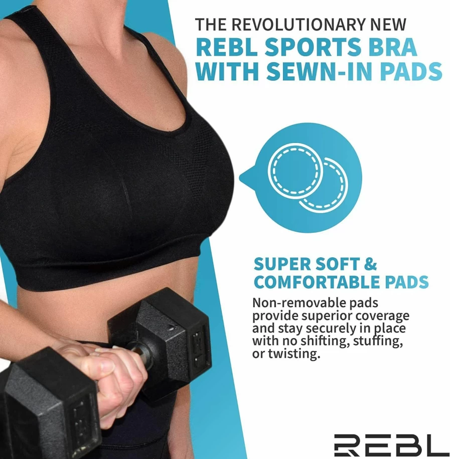 REBL High Impact Sports Bra with Permanent Sewn-In Pads for Maximum Support