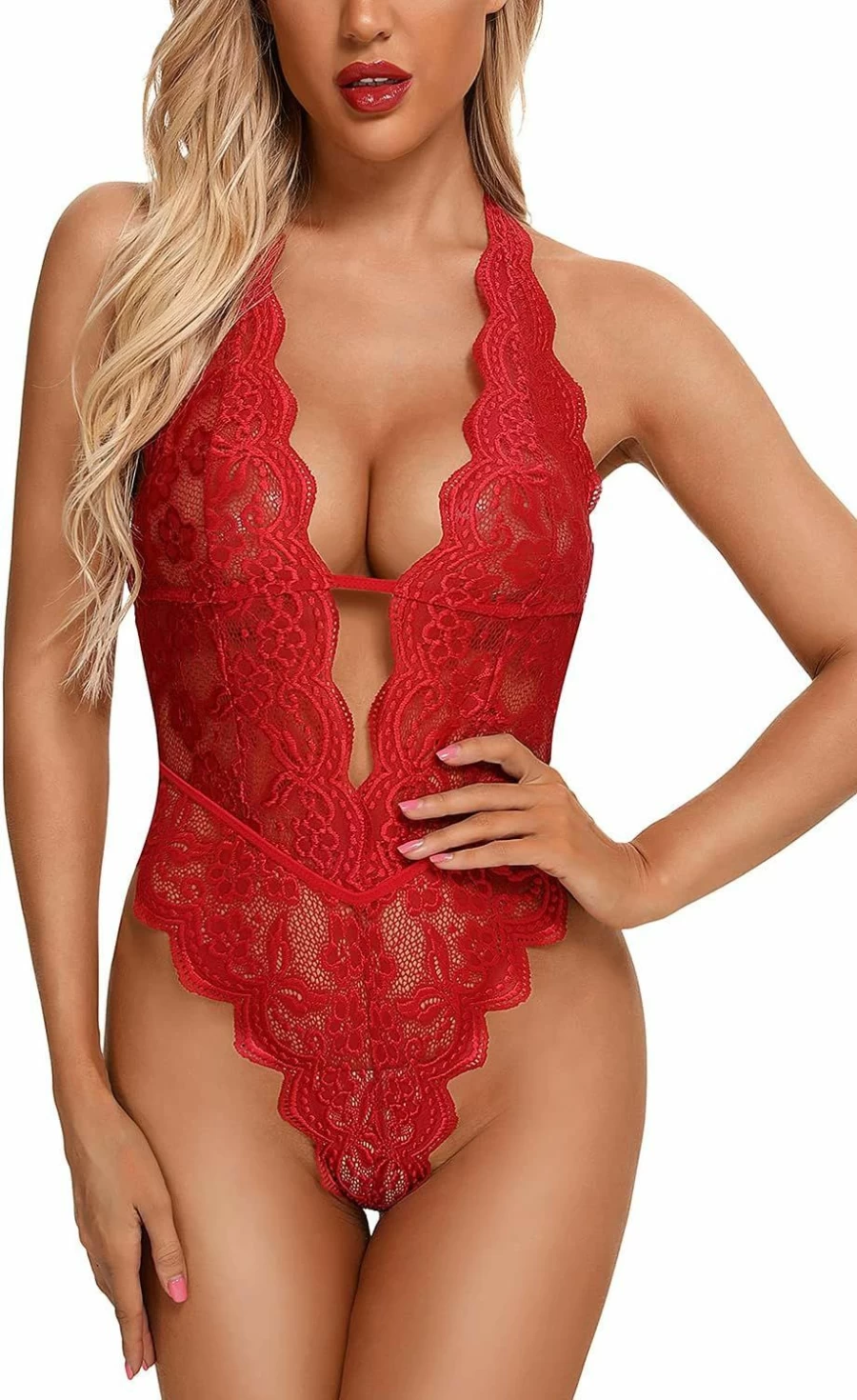 Aranmei Women's Floral Lace Teddy Bodysuit - Deep V Neck Hollow Out Babydoll Lingerie
