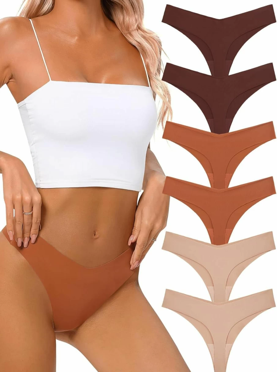Tichers Women's No Show Seamless Thong Panties 6-Pack - Breathable, Stretch V-Waist Sexy Underwear